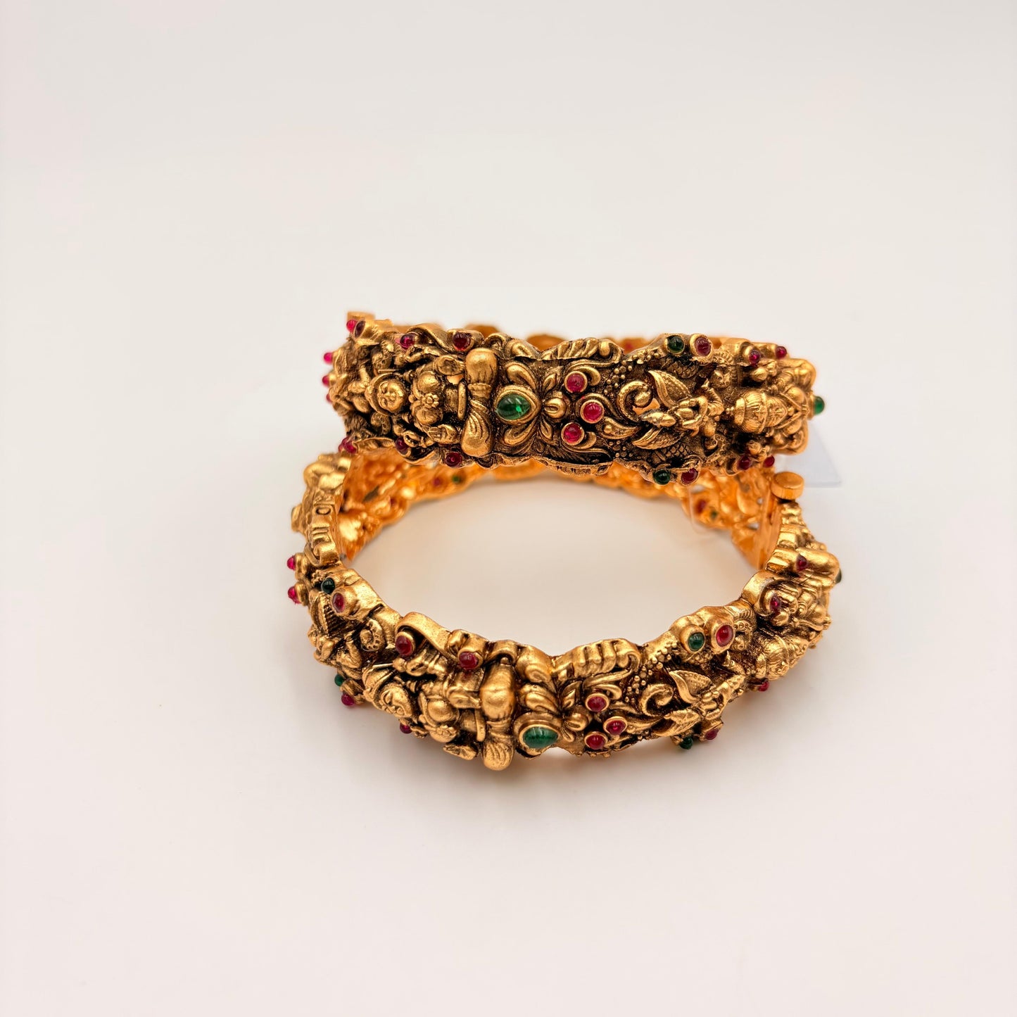Antique Gold Lakshmi Temple Bangles with Ruby & Green Stones – Heavy Bridal Bangles