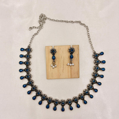 Oxidised Silver Look Blue Stone Necklace Set with Pearl Drops