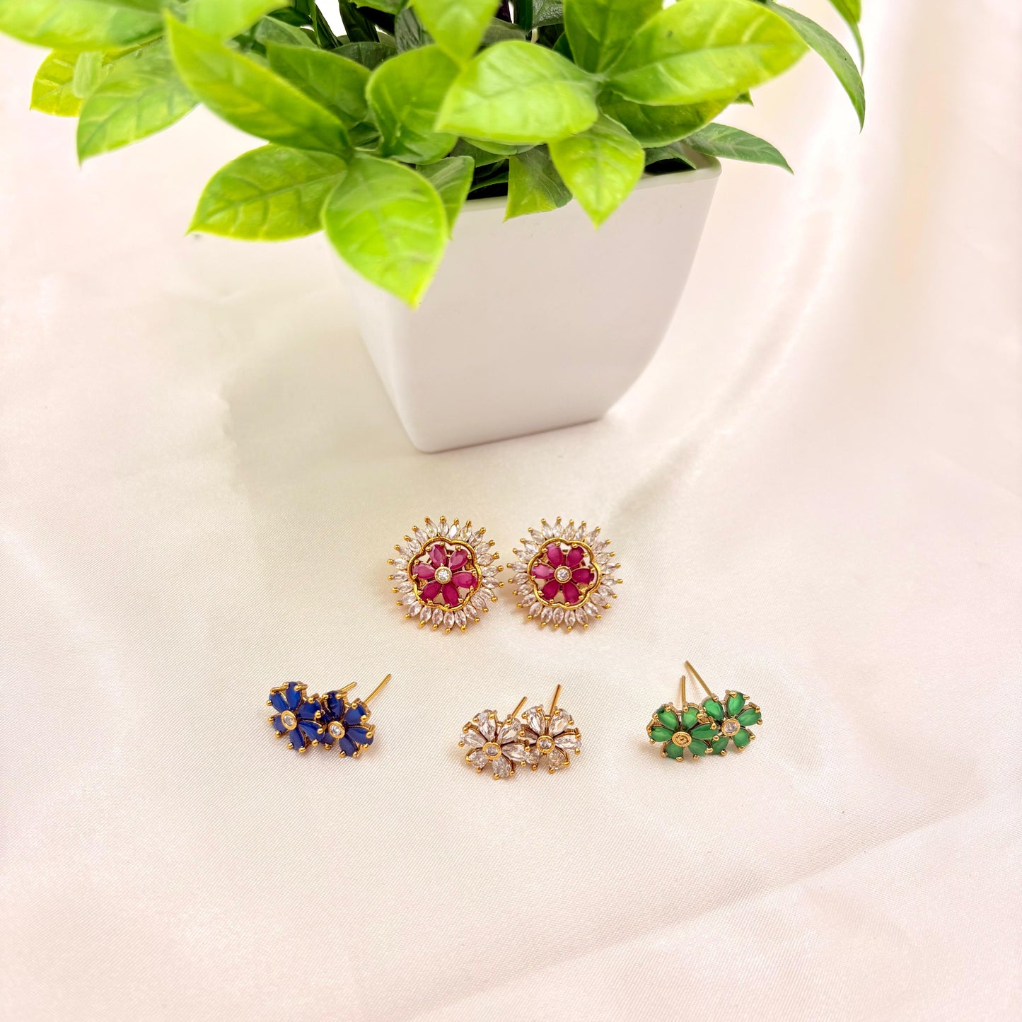 Traditional Floral Kundan Stud Earrings – Multicolor (Set of Designs)