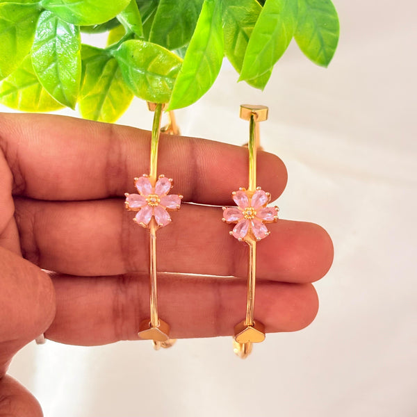 Gold Finish Floral Pink Stone Bangles – Elegant Minimal Flower Design Bangles (Pair)