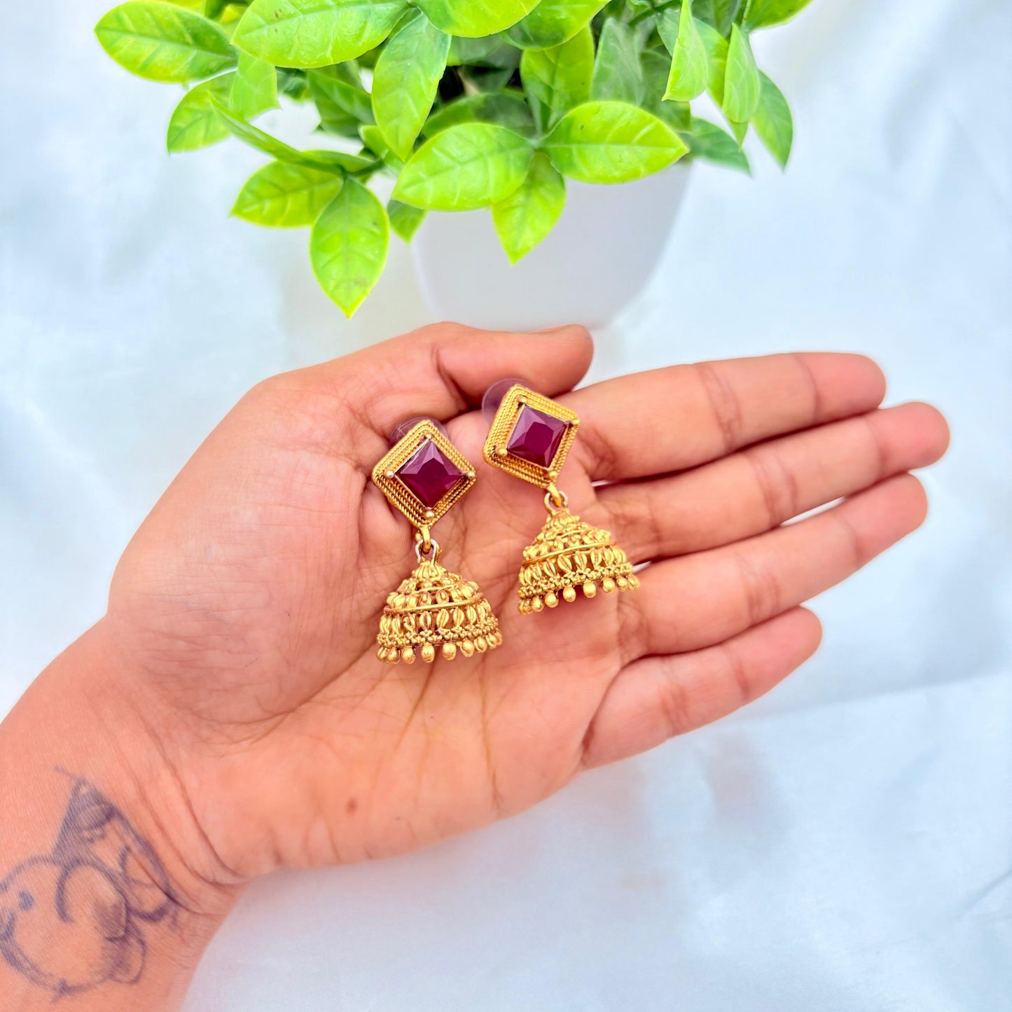 Square Ruby Stone Gold Jhumka Earrings for Women