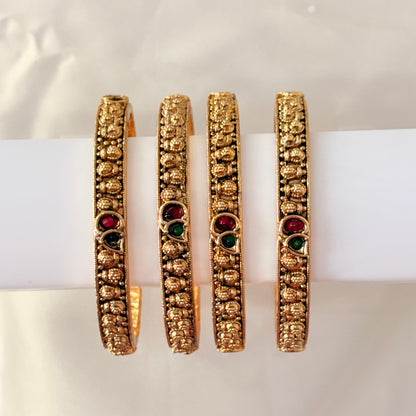 Antique Gold-Plated Temple Bangles with Ruby & Green Stones – Slim Traditional Design (Set of 2)