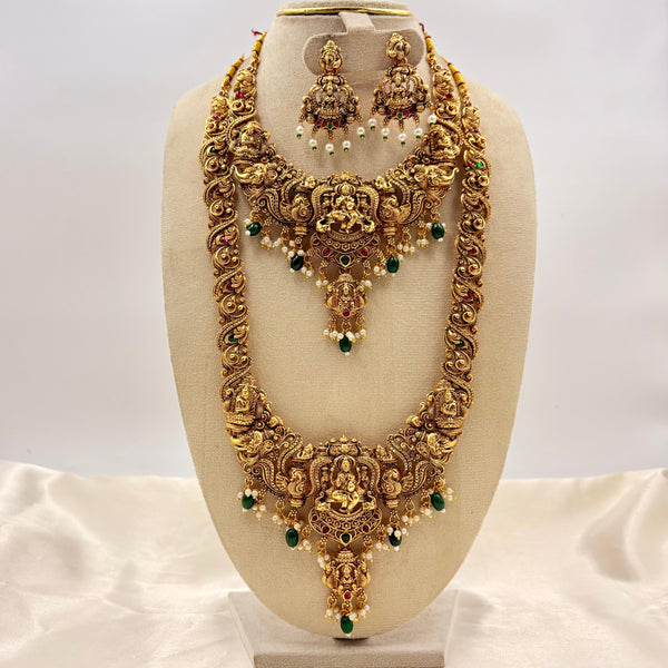 Grand Antique Gold Lakshmi Temple Bridal Long Haram Set with Earrings