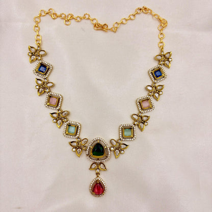 Premium Multicolour Stone Kundan Necklace Set with Earrings | Festive & Bridal Jewellery