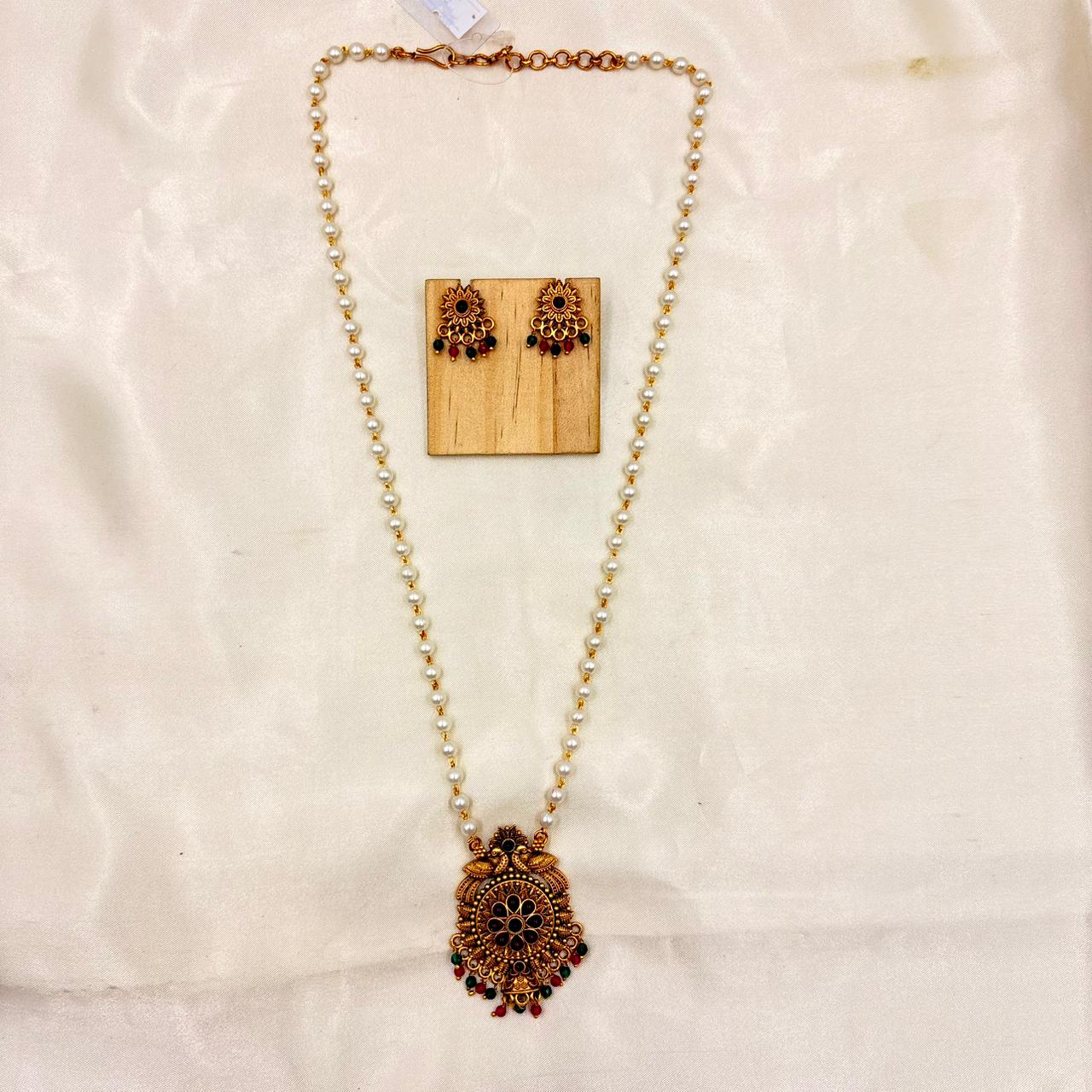 Antique Gold Pearl Long Necklace Set with Pendant & Matching Earrings
