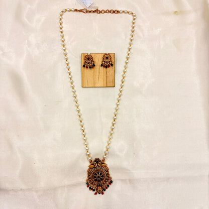 Antique Gold Pearl Long Necklace Set with Pendant & Matching Earrings