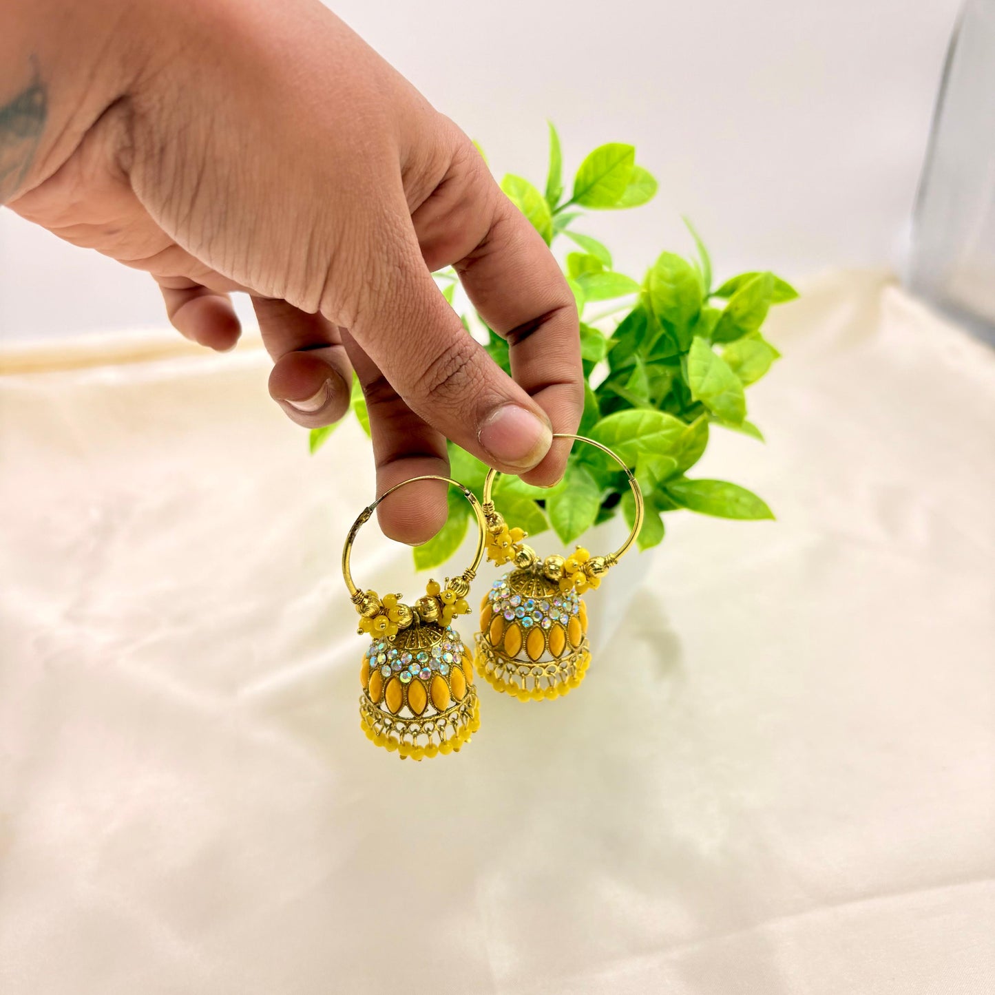 Yellow Kundan Jhumka Hoop Earrings with Gold Finish