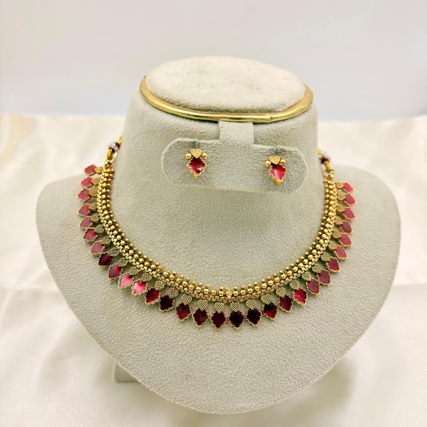 Antique Pink & Red Enamel Leaf Necklace Set | Traditional Lightweight Jewellery