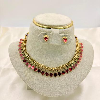 Antique Pink & Red Enamel Leaf Necklace Set | Traditional Lightweight Jewellery