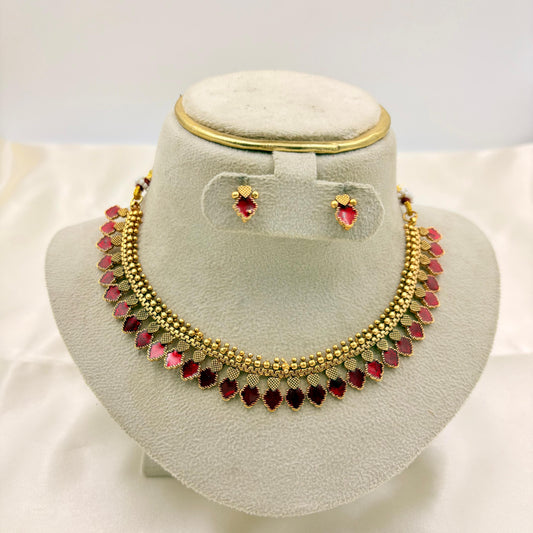 Antique Pink & Red Enamel Leaf Necklace Set | Traditional Lightweight Jewellery