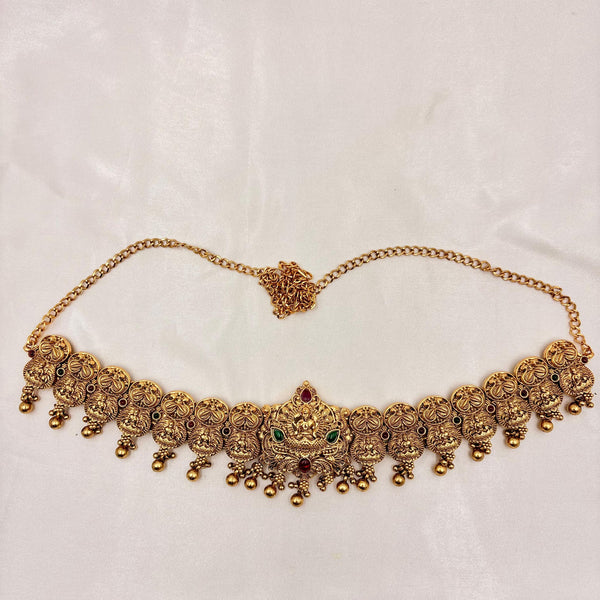 Antique Gold Finish Lakshmi Coin Temple Hip Belt with Bead Hangings (Vaddanam / Oddiyanam)