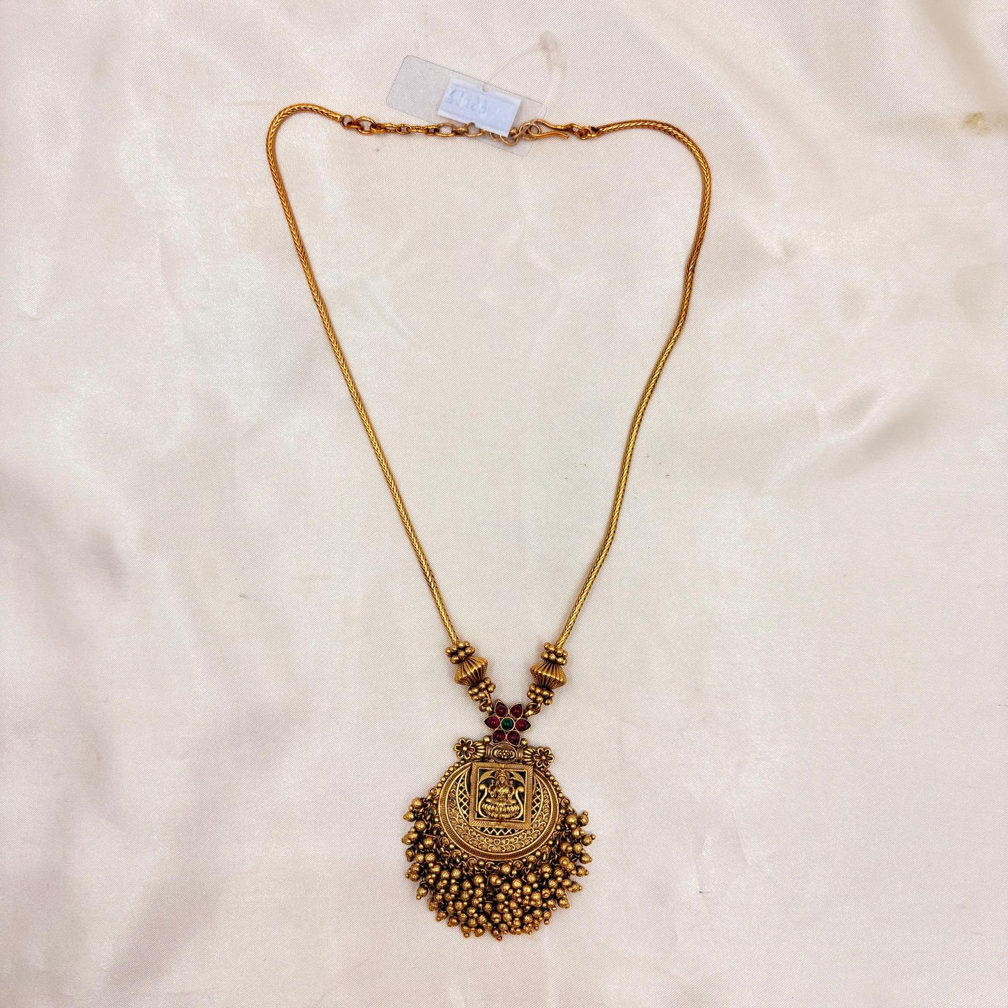 Antique Gold Lakshmi Temple Necklace with Bead Pendant & Matching Earrings