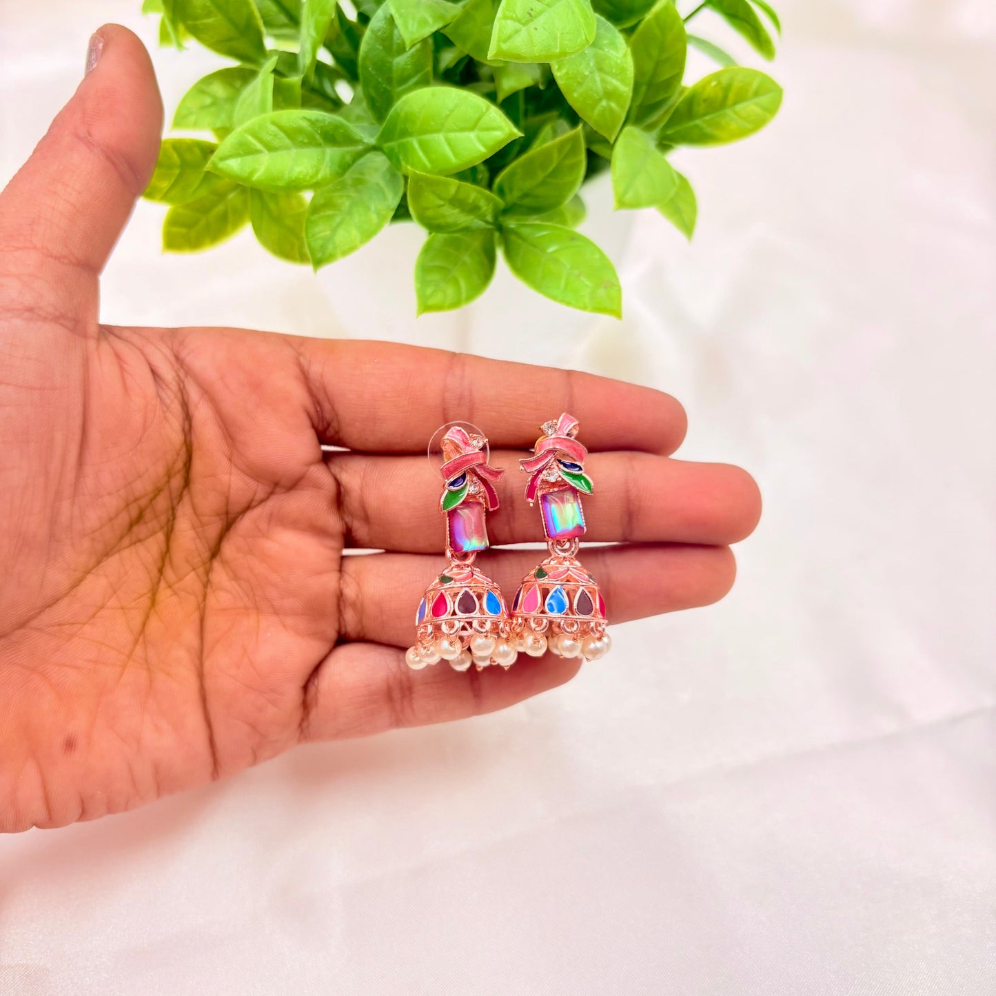 Pink Meenakari Jhumka Earrings with Multicolor Enamel & Pearl Drops