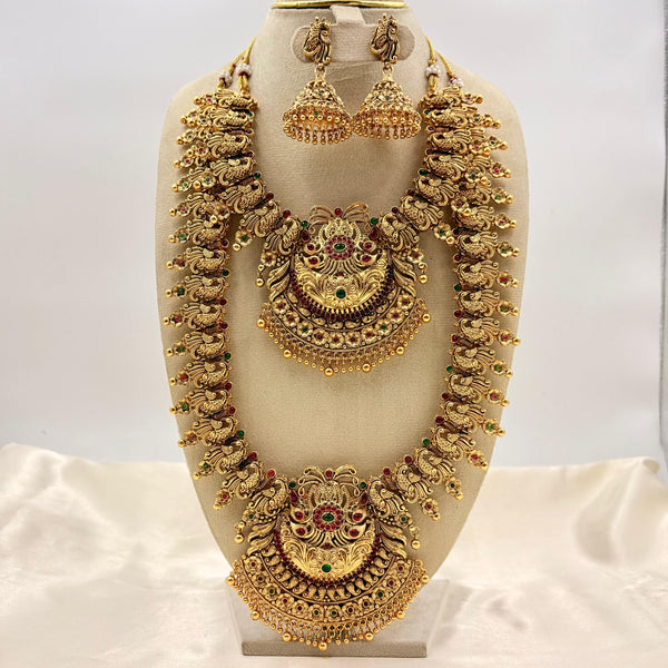 Royal Antique Gold Temple Bridal Jewellery Set with Peacock Motifs – 5 Piece Set
