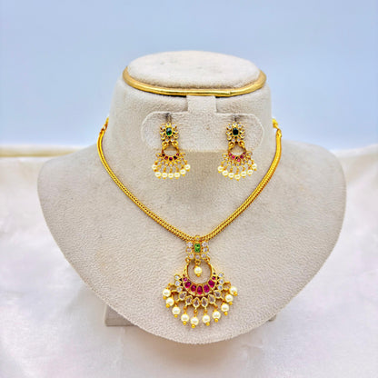 Antique Gold Finish Necklace Set with Green & Pink Stones and Pearl Drops