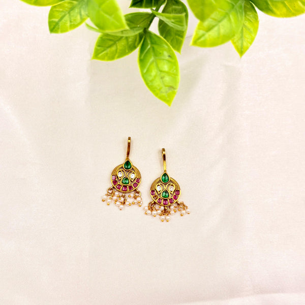 Gold Finish Green & Red Stone Bugudi Earrings with Pearl Drops