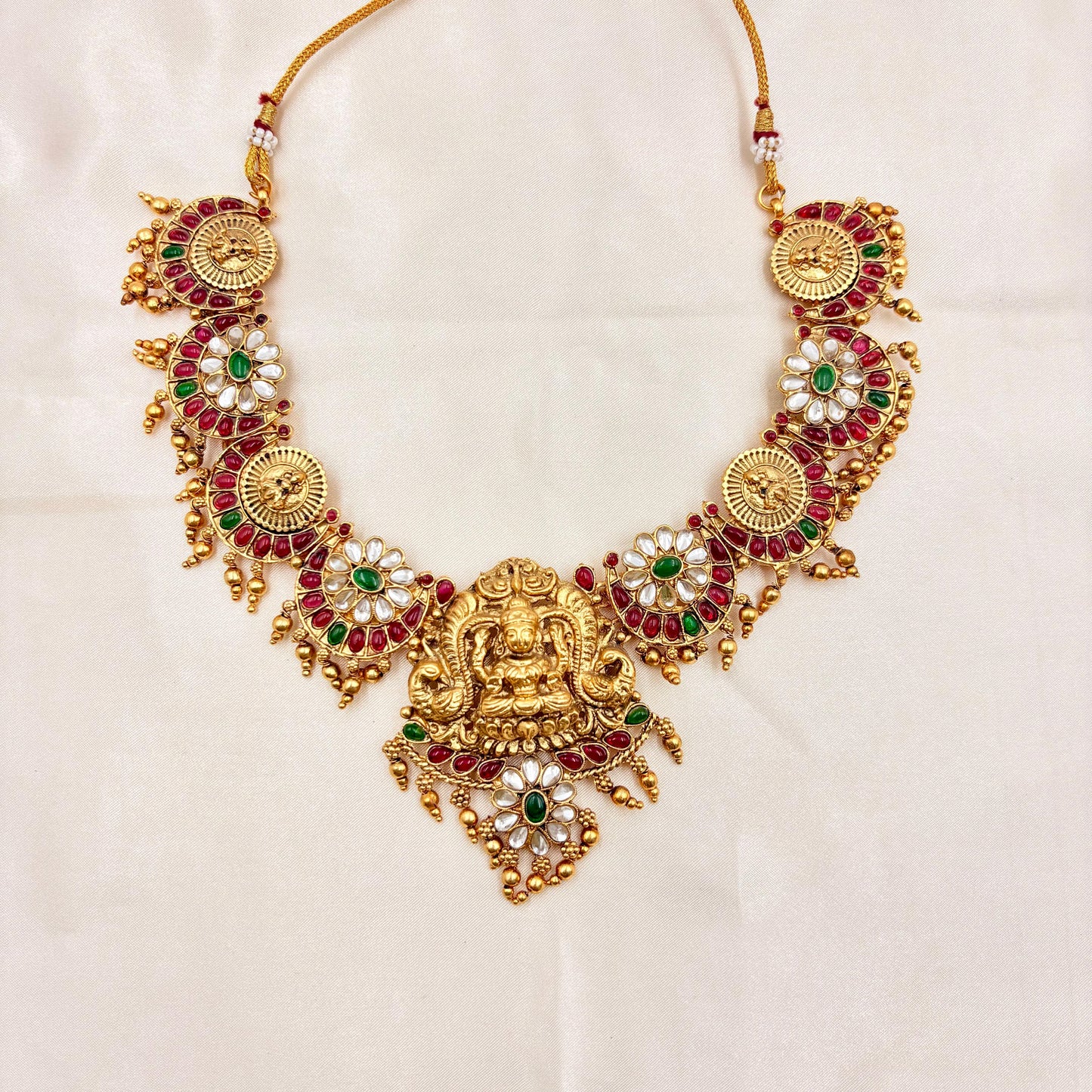 Gold Plated Lakshmi Temple Necklace Set with Ruby, Green Stones & Matching Earrings