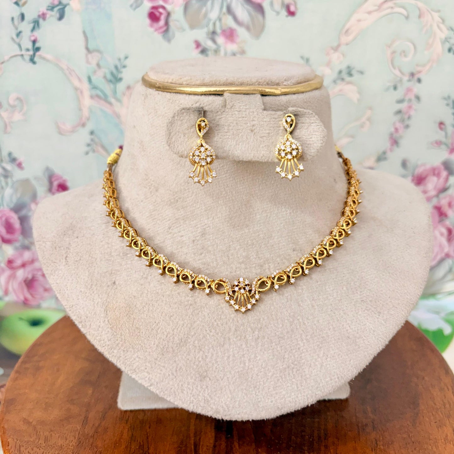 Elegant Gold Finish AD Necklace Set with Matching Earrings – Minimal Party Wear Jewellery