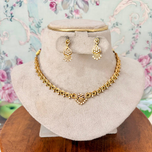 Elegant Gold Finish AD Necklace Set with Matching Earrings – Minimal Party Wear Jewellery