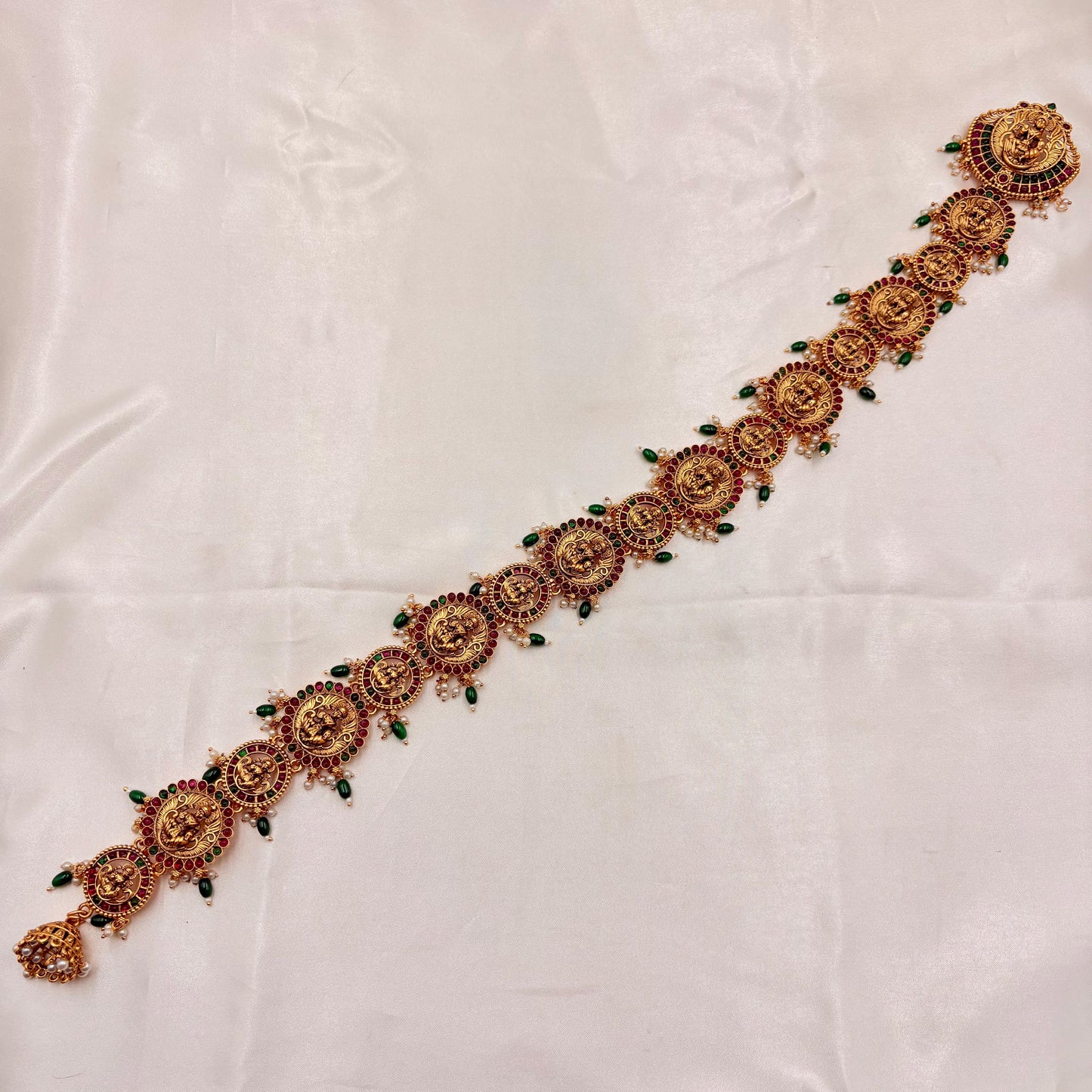 Bridal Temple Jada Billa – Antique Gold Lakshmi Design with Ruby & Green Stones