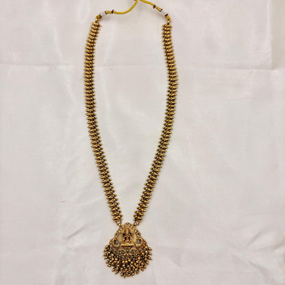 Antique Gold Lakshmi Long Haram Necklace with Ball Chain & Earrings