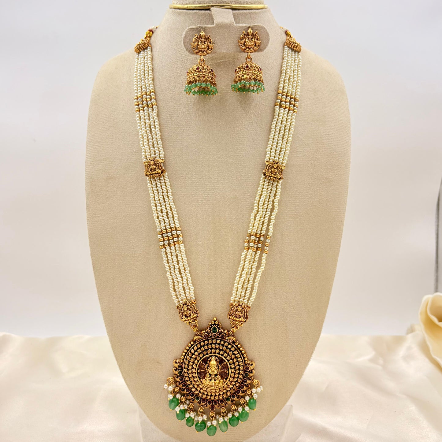 Traditional Pearl Temple Haaram with Lakshmi Pendant & Jhumka Earrings | Antique Gold | Green Drops