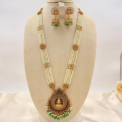 Traditional Pearl Temple Haaram with Lakshmi Pendant & Jhumka Earrings | Antique Gold | Green Drops