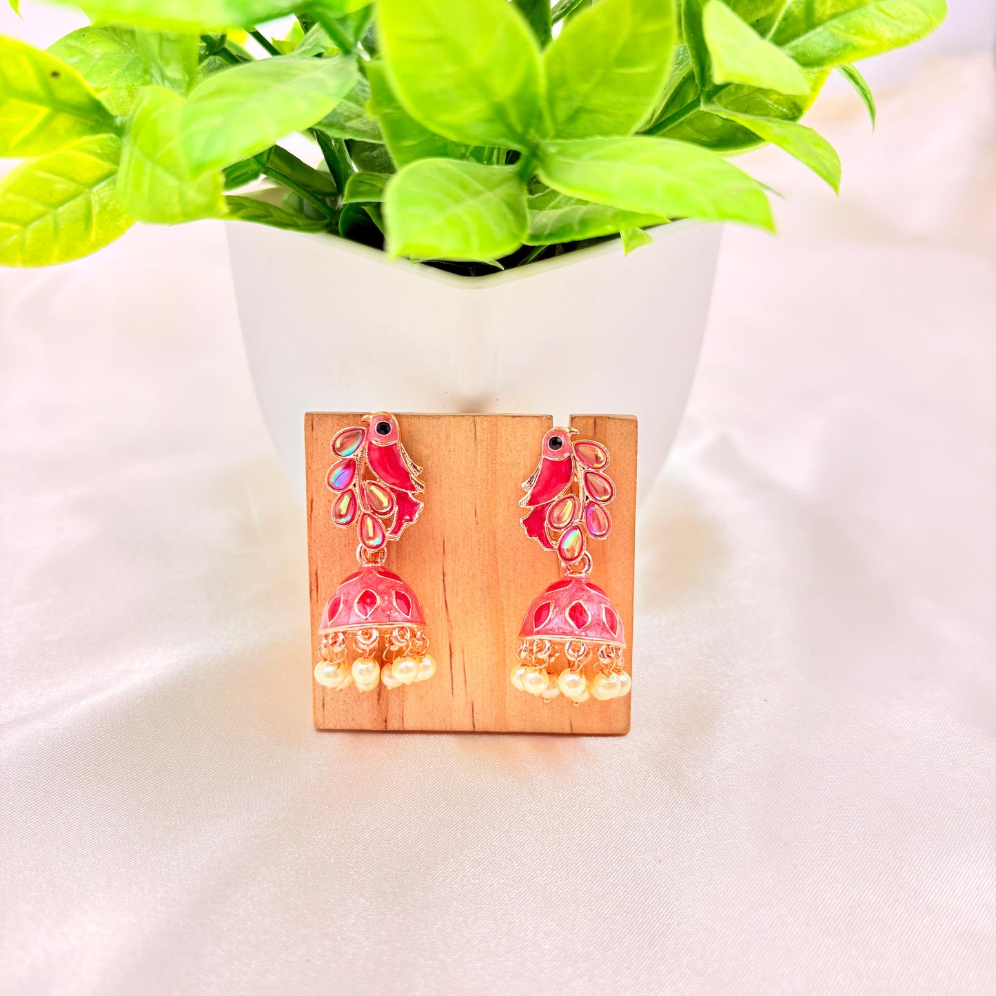 Pink Peacock Enamel Pearl Jhumka Earrings