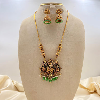 Temple Lakshmi Green Beads Necklace Set