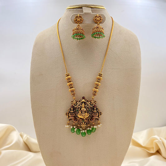 Temple Lakshmi Green Beads Necklace Set