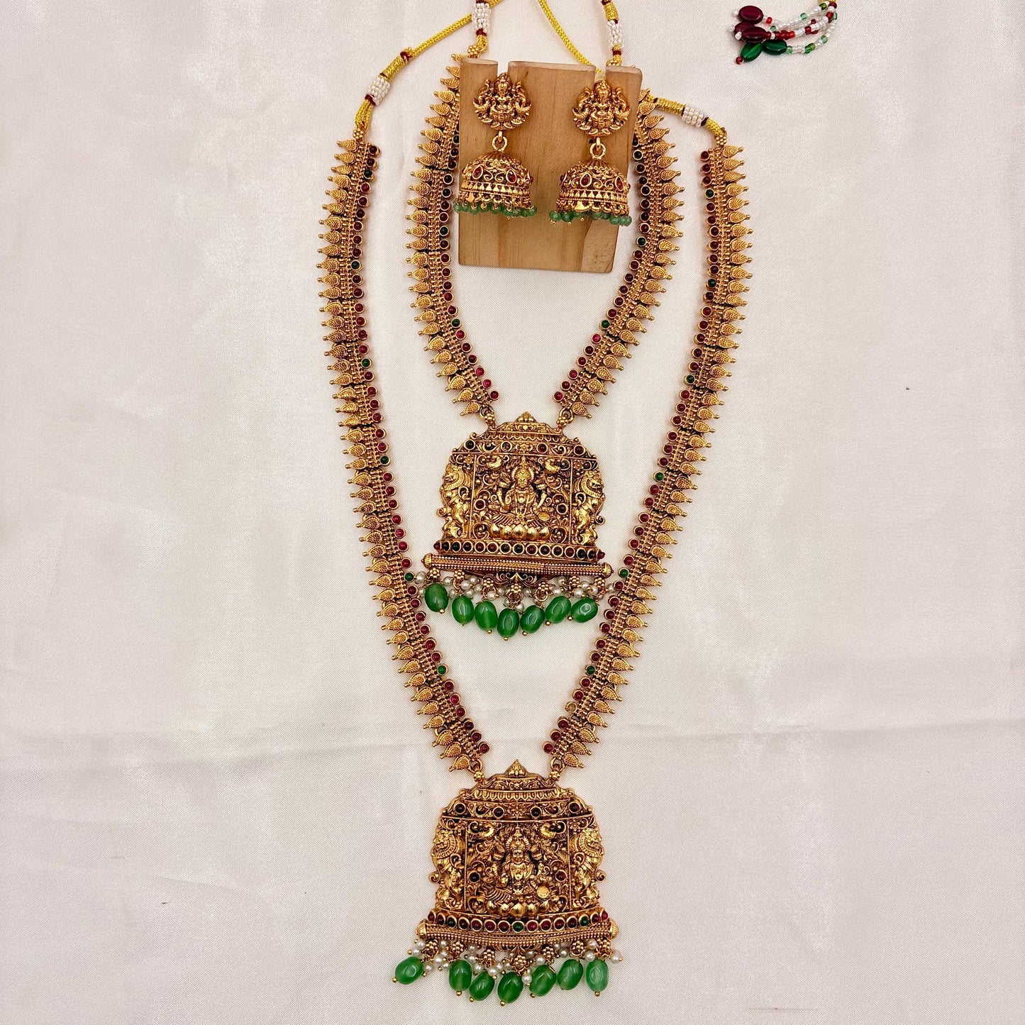Antique Gold Temple Long Haram Necklace Set with Lakshmi Pendant & Jhumka Earrings