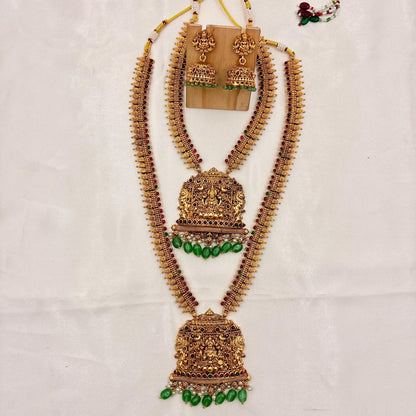 Antique Gold Temple Long Haram Necklace Set with Lakshmi Pendant & Jhumka Earrings