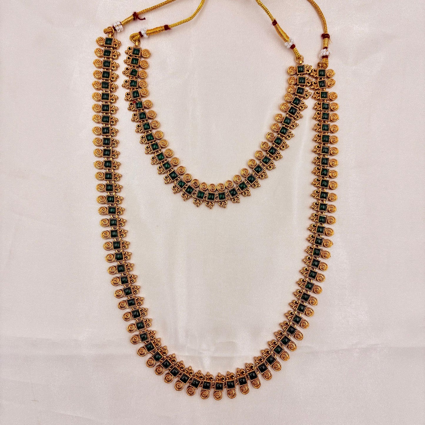 Antique Gold Green Stone Long Haram Necklace Set with Jhumka Earrings