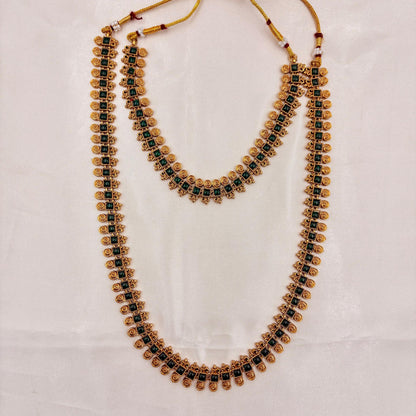 Antique Gold Green Stone Long Haram Necklace Set with Jhumka Earrings