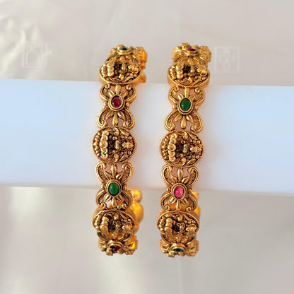Antique Gold Temple Coin Bangles with Ruby & Green Stones – Traditional Bridal Bangles