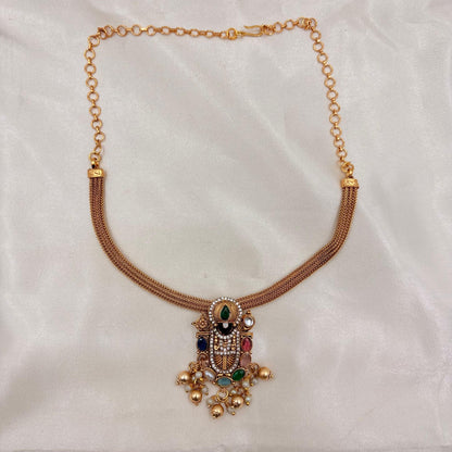 Antique Multicolour Temple Choker Set with Pearls & Jhumka Earrings | Bridal Jewellery