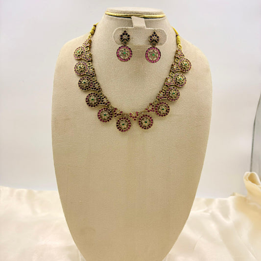 Kemp Stone Temple Necklace Set with Earrings – Ruby & Green Traditional Jewellery