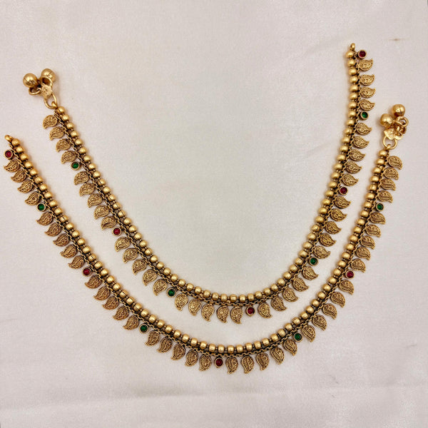 Antique Gold Leaf Charm Anklet Pair with Ruby & Green Stone Detailing