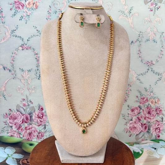 Elegant Long AD Stone Necklace Set with Green Drop Pendant & Matching Earrings