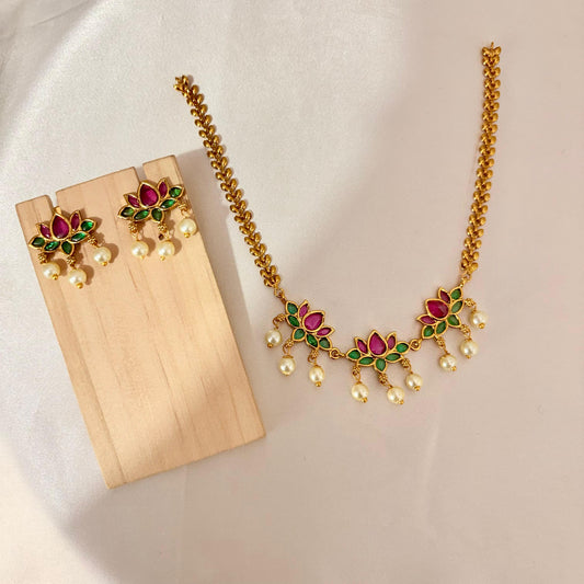 Lotus Design Gold-Plated Necklace Set with Pearl Drops & Matching Earrings