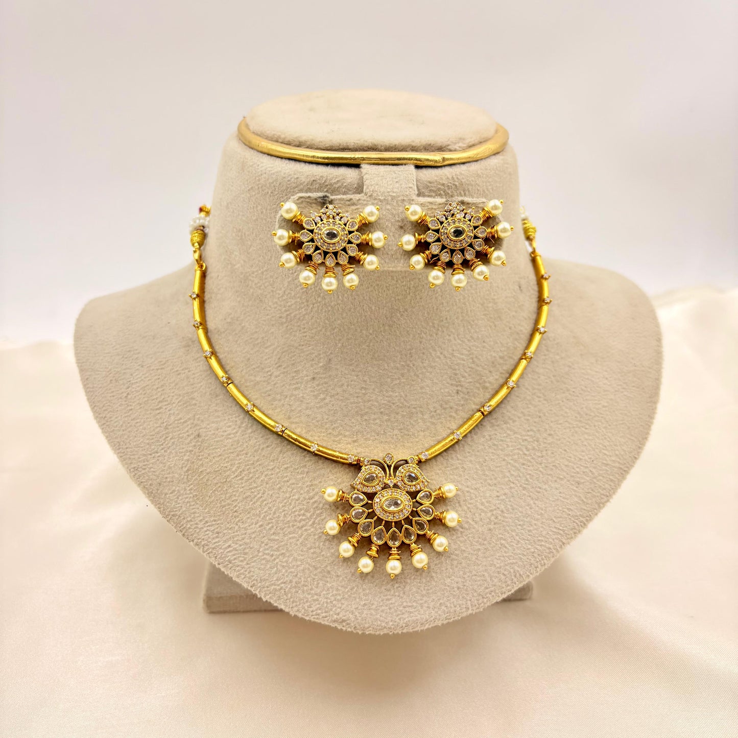 Classic Pearl Drop Pendant Necklace Set – Gold Finish CZ Jewellery