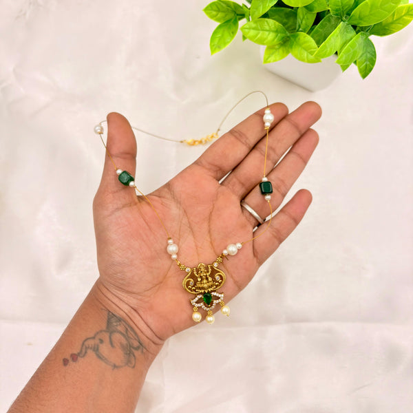 Minimal Gold Finish Lakshmi Pendant Wire Necklace with Pearl Drops