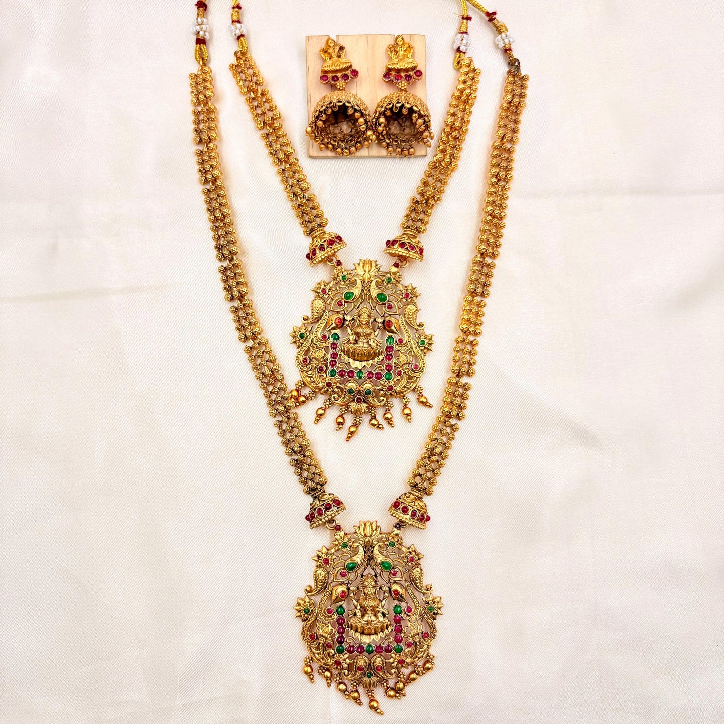 Royal Double Layer Antique Gold Temple Haram with Lakshmi Pendants & Jhumka Earrings