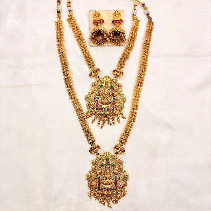 Royal Double Layer Antique Gold Temple Haram with Lakshmi Pendants & Jhumka Earrings
