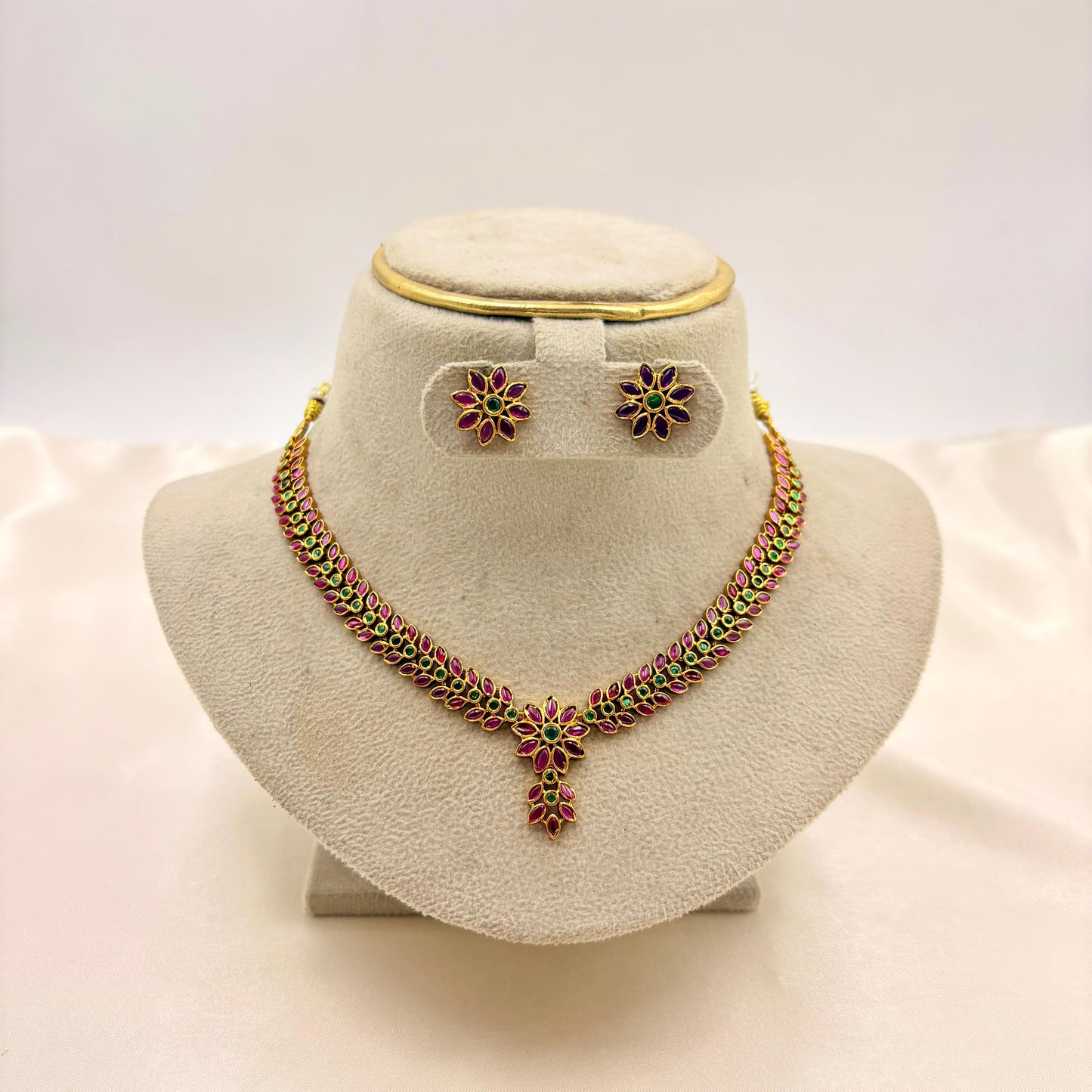 Ruby & Emerald Floral Necklace Set – Traditional Gold Finish Jewellery