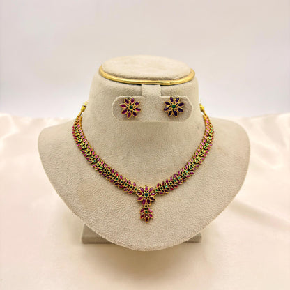 Ruby & Emerald Floral Necklace Set – Traditional Gold Finish Jewellery