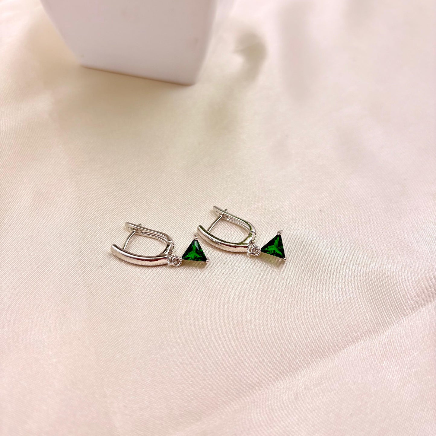 Silver Green Triangle Drop Huggie Earrings – Minimal Crystal Dangles