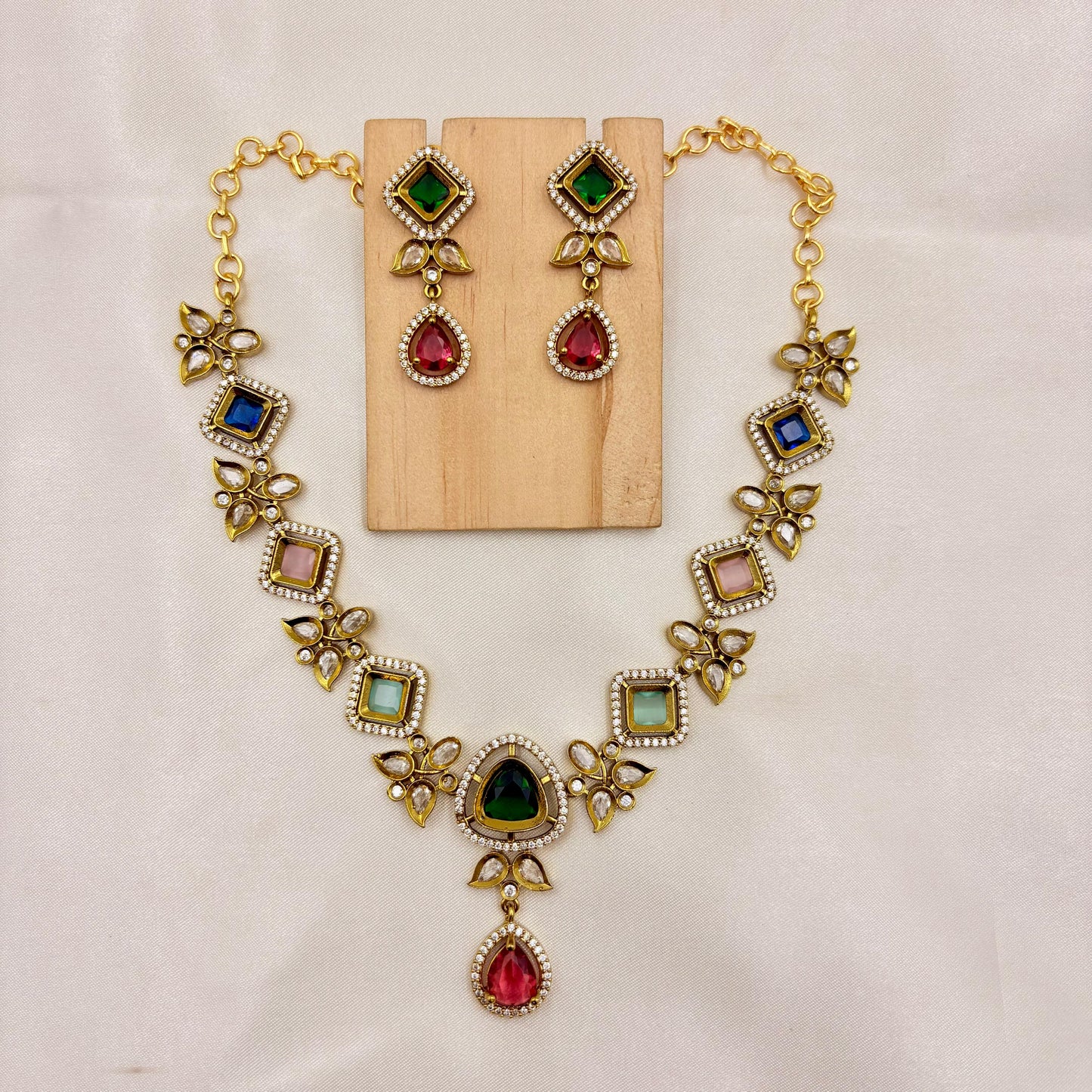 Premium Multicolour Stone Kundan Necklace Set with Earrings | Festive & Bridal Jewellery