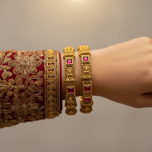 Goddess Lakshmi Temple Bangles – Ruby Square Stone Edition