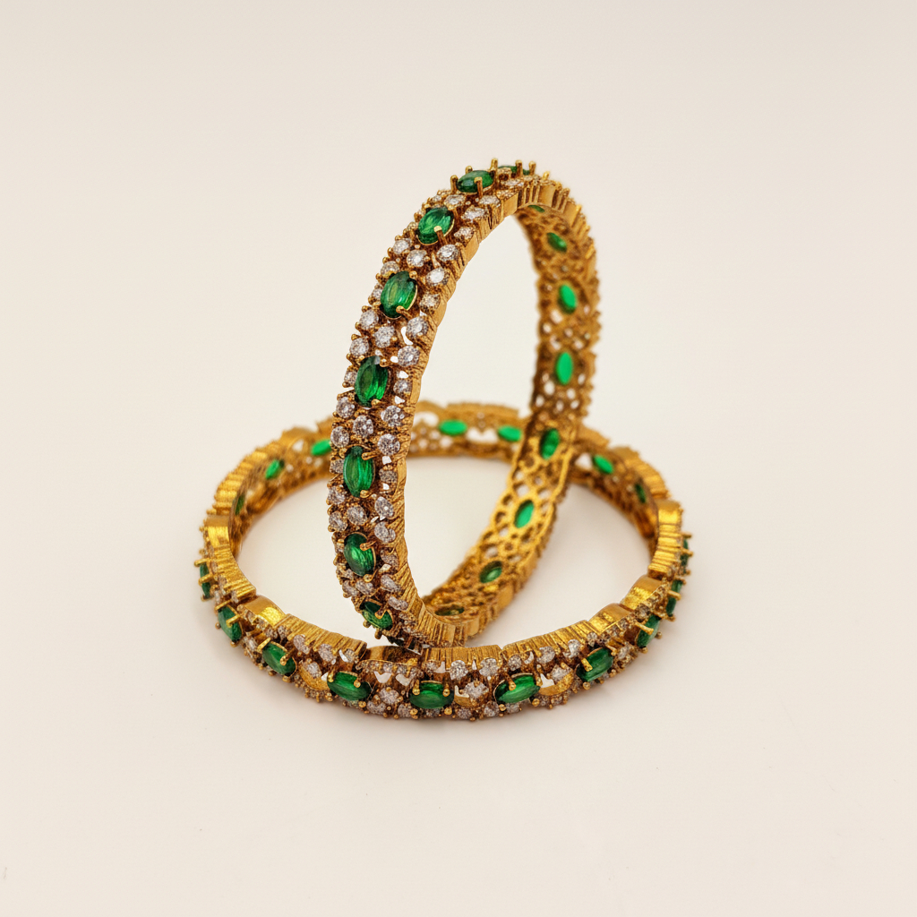 Antique Gold Bangles with Emerald Green Stones & CZ Diamonds – Premium Bridal Bangles (Set of 2)
